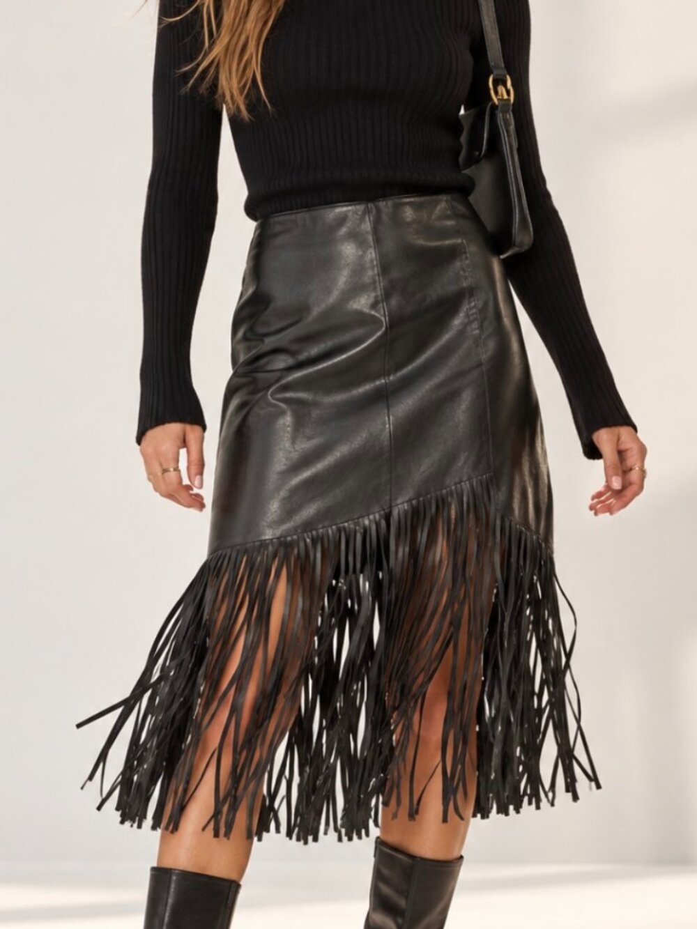 Per Se by Carlisle Black Genuine Leather Fringe Pencil Skirt Edgy Quiet Luxury